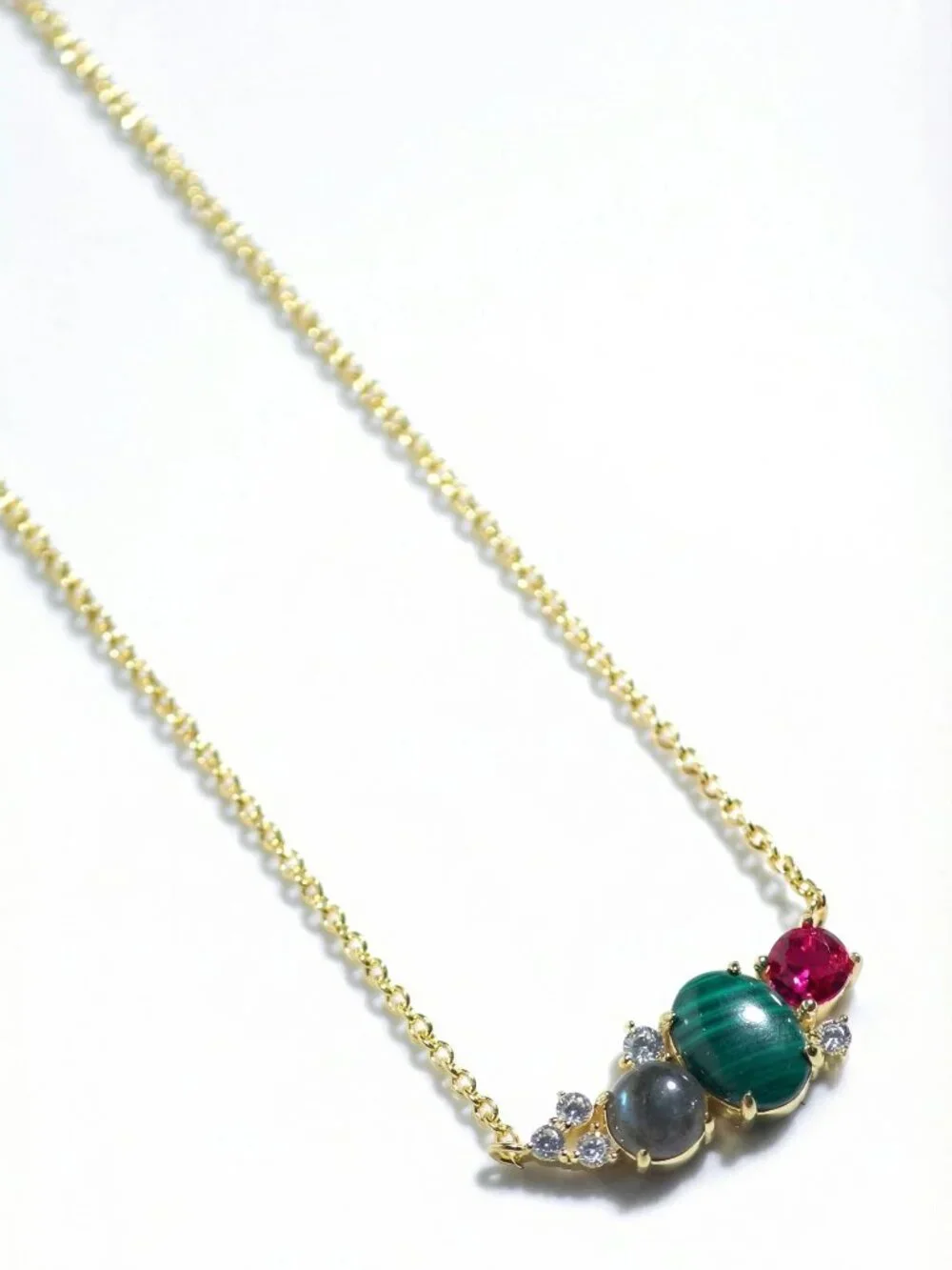 Native‎ Gem Palazzo Necklace 14k Gold Vermeil Malachite Labradorite Gemstone